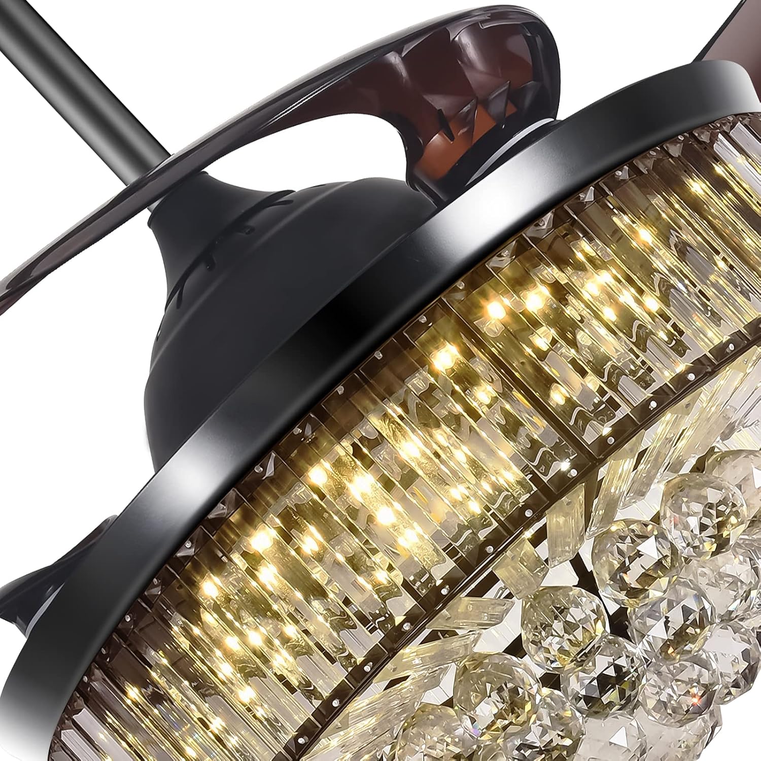 42' Modern Black Luxury Crystal Ceiling Fan with Light 3 Color 3 Speed Chandelier Fan with Remote Control Retractable Blades Fandelier for Living Room Bedroom