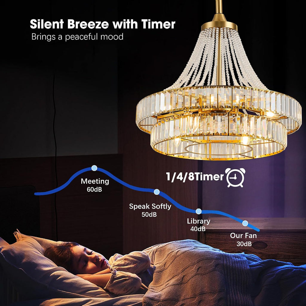 24' Modern Crystal Chandelier Ceiling Fan with Lights, Remote & App Control, 6-Speed Reversible Large Fandelier, Double Layer Design for Bedroom, Living Room (Luxury Gold)