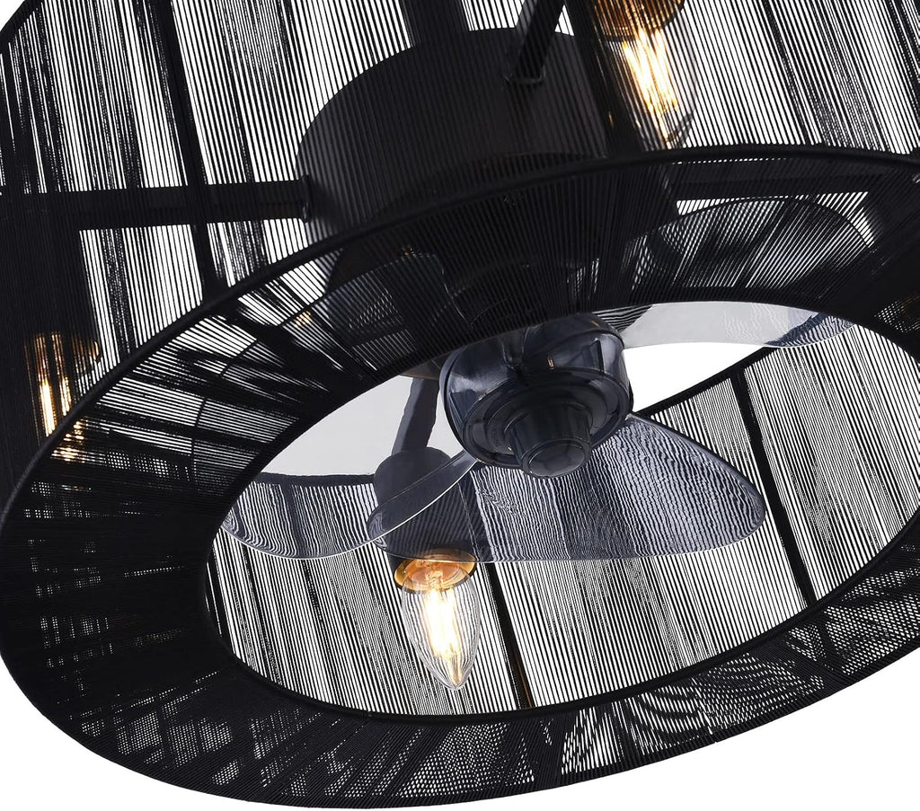 LOYALHEARTDY Caged Ceiling Fans with Lights and Remote 18' Black Fringe Tassel Ceiling Fan 3-Speed Modern Downrod Mount Bladeless Ceiling Fan Kids Fan