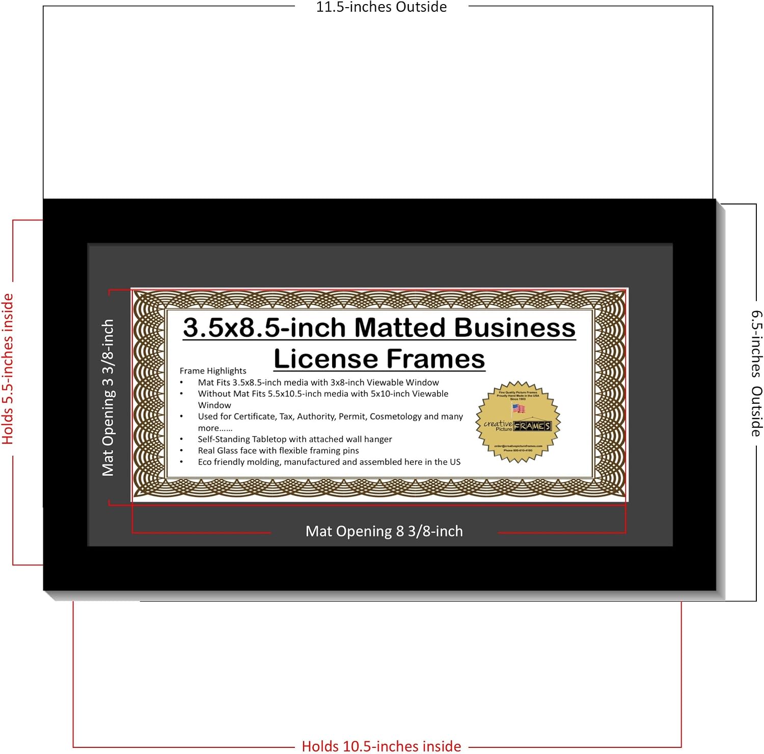 Creative Picture Frames 5.5X10.5Bk-B Business License Frame With Matting, Self Standing Easel And Wall Hanger For More Versatility (Pack of 12)