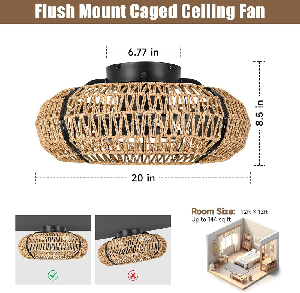 ocioc 20' Caged Ceiling Fans with Lights and Remote,Fandelier Ceiling Fan with Light,Flush Mount Low Profile,Bladeless,Quiet Reversible DC Motor,Boho Rattan Ceiling Fan for Bedroom