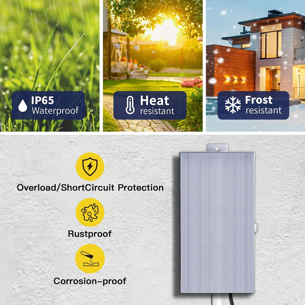 Gardenreet 150W Low Voltage Transformer with Mechanical Timer, Multi-Tap (120V AC to 12V-13V-14V-15V AC), Stainless Steel Shield for Outdoor Landscape Lighting, Spotlight, Pathway Light (ETL Listed)