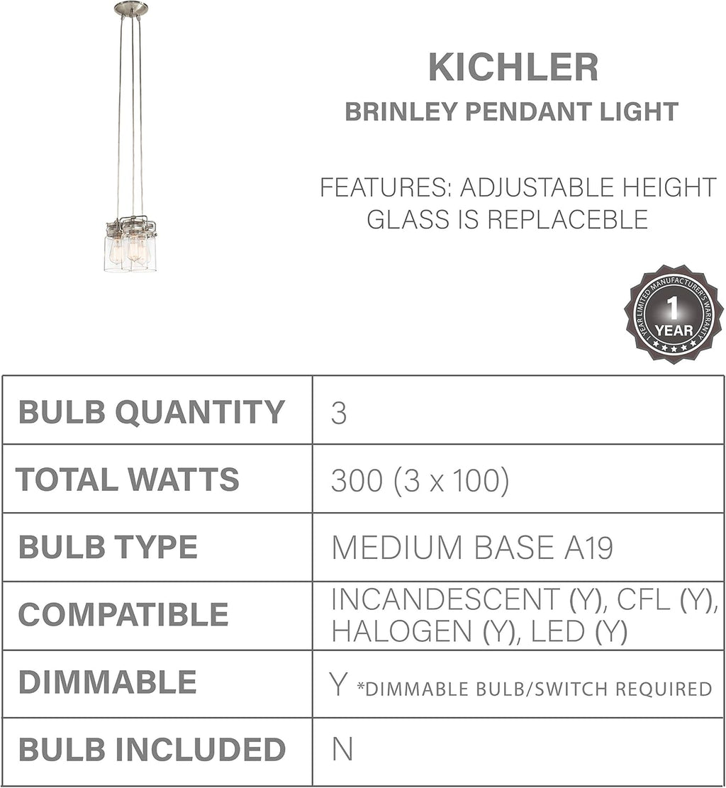 Kichler Brinley 3-Light Pendant Light Fixture with Clear Glass in Brushed Nickel for Kitchen Island, Dining Room, Modern Farmhouse Hanging Lamp (8.5' x 7.75'), 42869NI