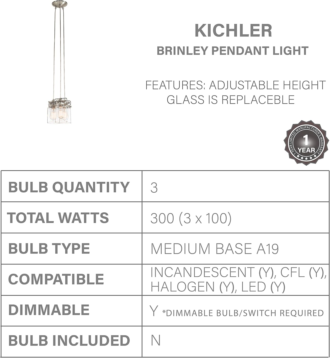 Kichler Brinley 3-Light Pendant Light Fixture with Clear Glass in Brushed Nickel for Kitchen Island, Dining Room, Modern Farmhouse Hanging Lamp (8.5' x 7.75'), 42869NI
