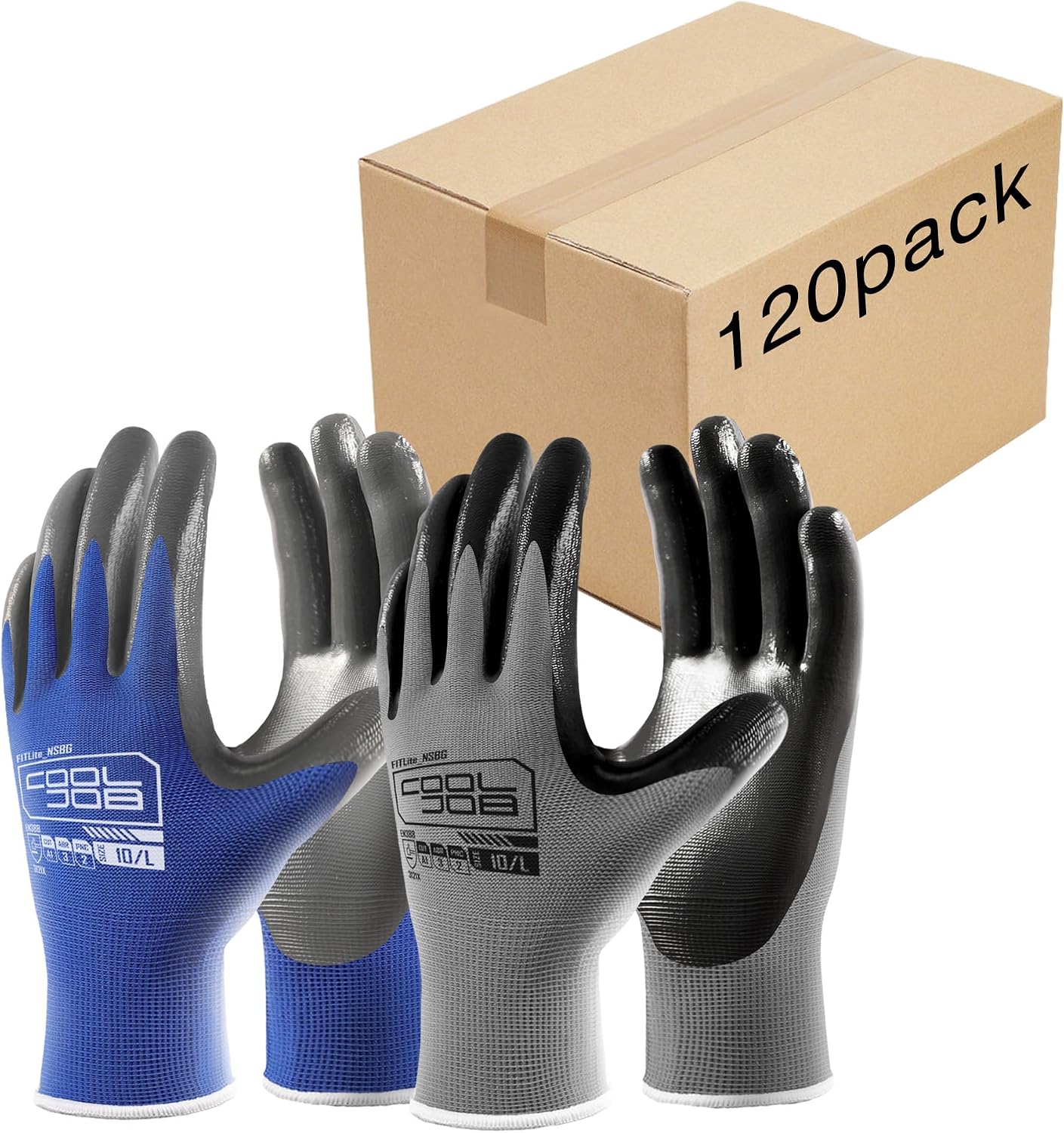 COOLJOB 120 Pairs Safety Work Gloves with Grip, Anti-slip Rubber Coated Garden Gloves for Men, Bulk Package
