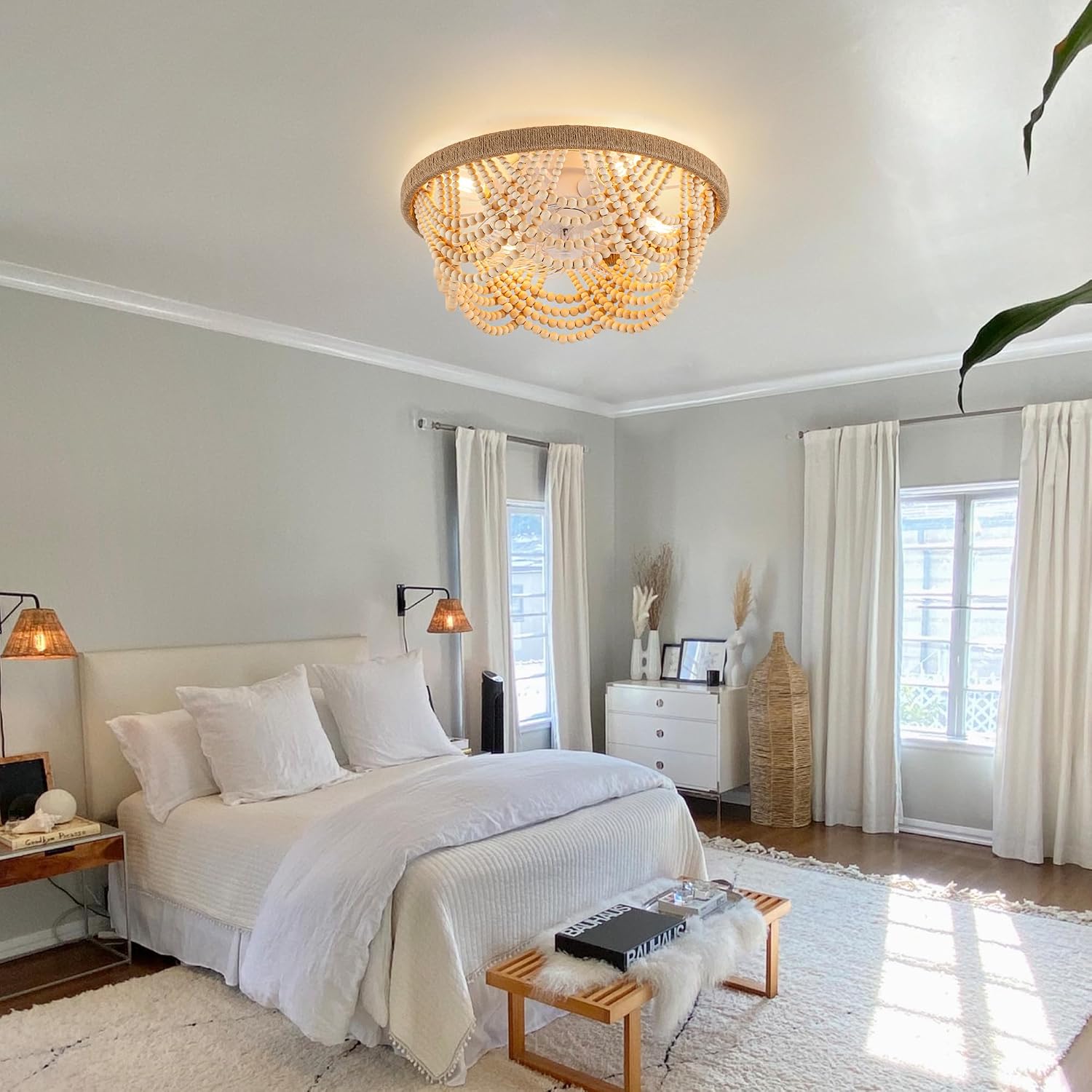 20'' Boho Ceiling Fan with Light and Remote, Wood Beads Flush Mount Ceiling Fans with 6 Speeds, Bohemian Caged Fandelier Chandelier Fan for Nursery Bedroom Living Room Hallway Patio Kitchen