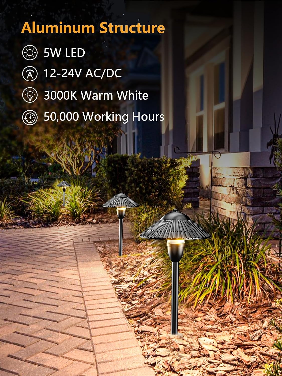 ZUCKEO Low Voltage Landscape Lighting LED Pathway Lights, 5W Landscape Path Lights 3000K Warm White 12-24V, Outdoor IP66 Ground Light for Garden, Walkway, Yard (12-Pack with Connector)