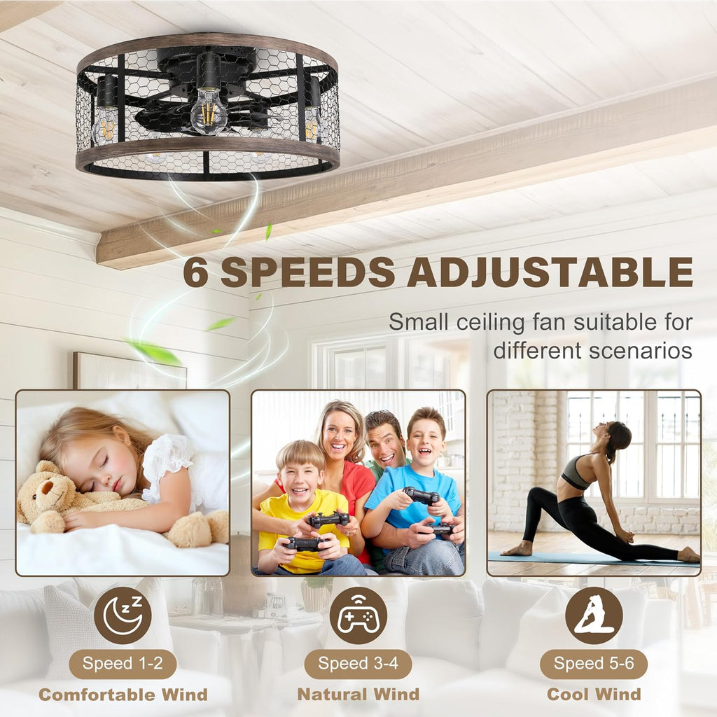 Ohniyou 20'' Flush Mount Caged Ceiling Fan with Lights Remote Control, Farmhouse Rustic Low Profile Small Vintage Enclosed Ceiling Fan Lighting Fixture Bedroom Dining Room