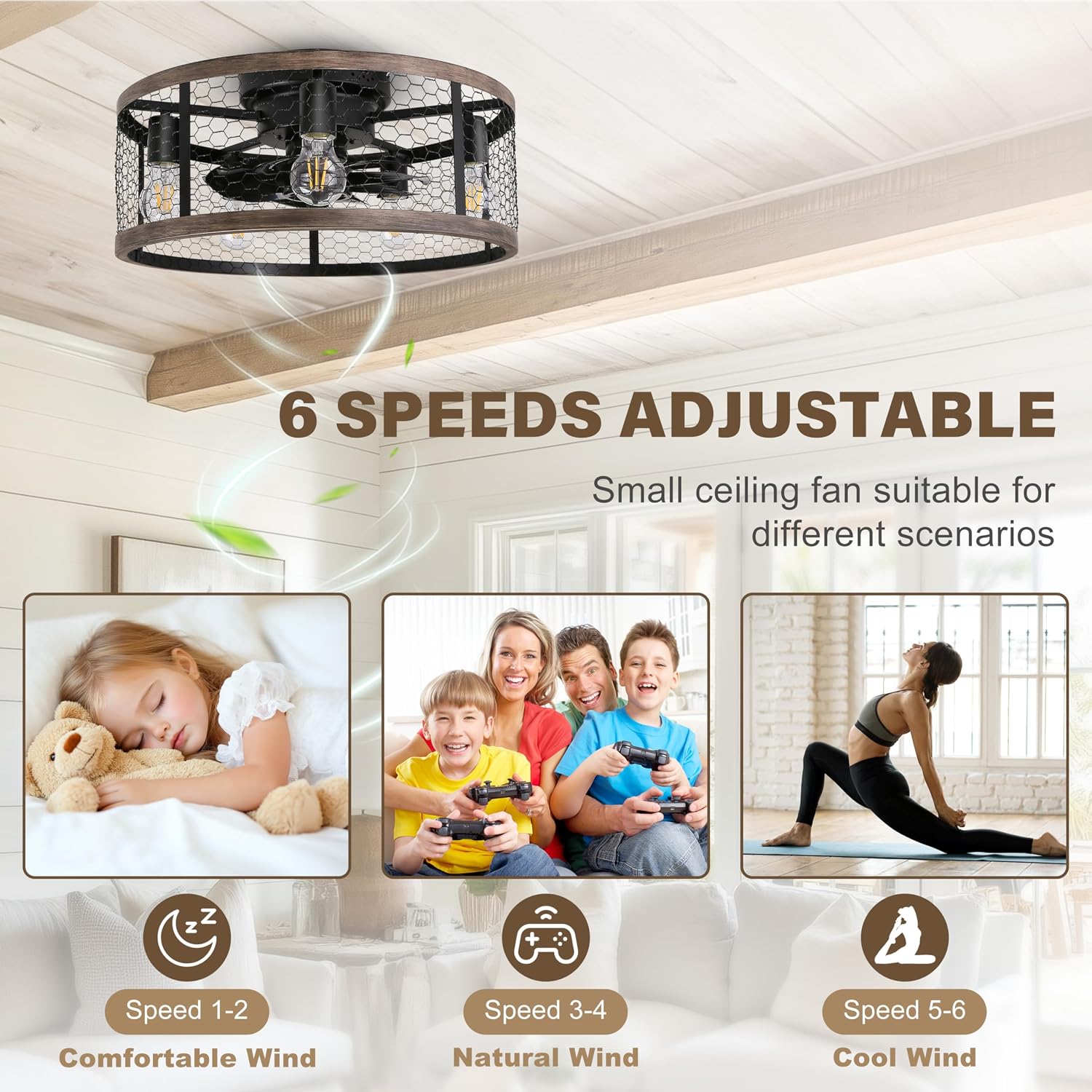 Ohniyou 20'' Flush Mount Caged Ceiling Fan with Lights Remote Control, Farmhouse Rustic Low Profile Small Vintage Enclosed Ceiling Fan Lighting Fixture Bedroom Dining Room