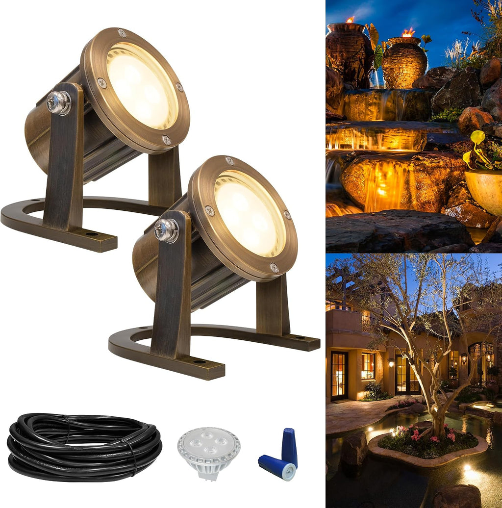 GKOLED Solid Brass Underwater Light, Low Voltage LED Pond Lights, Submersible Fountain Lighting with 5W 2700K 410LM MR16 Bulb, 9-15V AC/DC Outdoor Landscape Light, IP68 Rated Pool Spotlights, 2 Pack