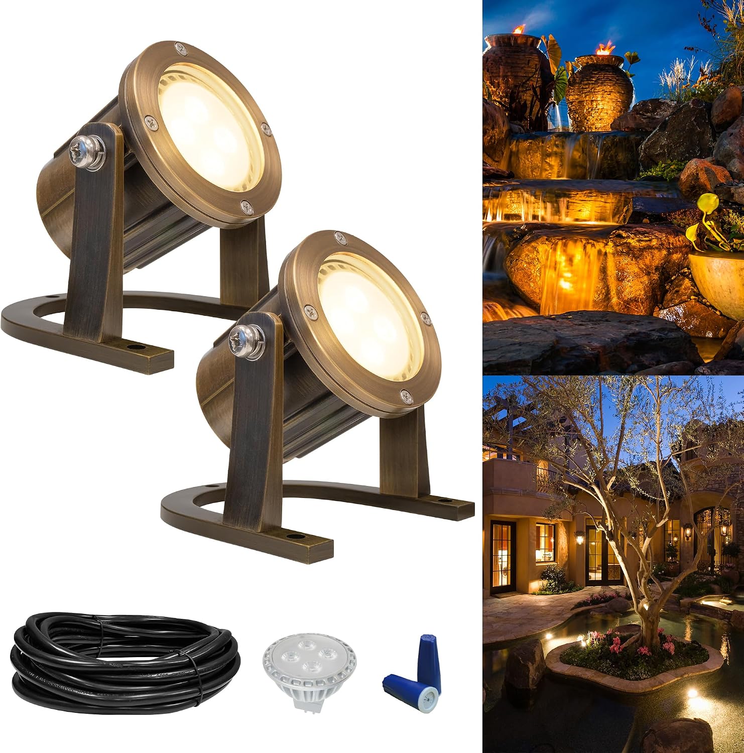 GKOLED Solid Brass Underwater Light, Low Voltage LED Pond Lights, Submersible Fountain Lighting with 5W 2700K 410LM MR16 Bulb, 9-15V AC/DC Outdoor Landscape Light, IP68 Rated Pool Spotlights, 2 Pack
