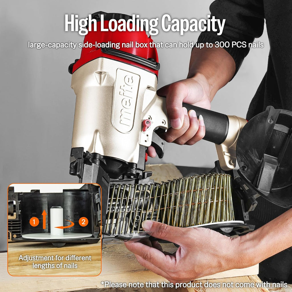 meite CN65 Pneumatic Coil Nailer with 15 Degree Siding Nails 2' × .099'' - Air Coil Nail Gun with 300PCS Magazine, 360° Adjustable Exhaust for Framing Sheathing Pallets Hardwood Projects