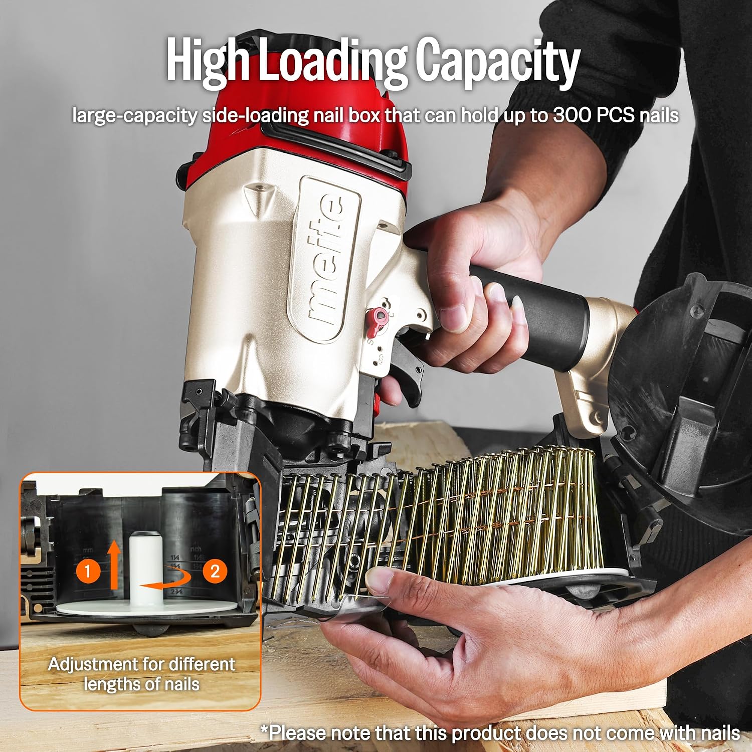 meite CN65 Pneumatic Coil Nailer with 15 Degree Siding Nails 2' × .099'' - Air Coil Nail Gun with 300PCS Magazine, 360° Adjustable Exhaust for Framing Sheathing Pallets Hardwood Projects