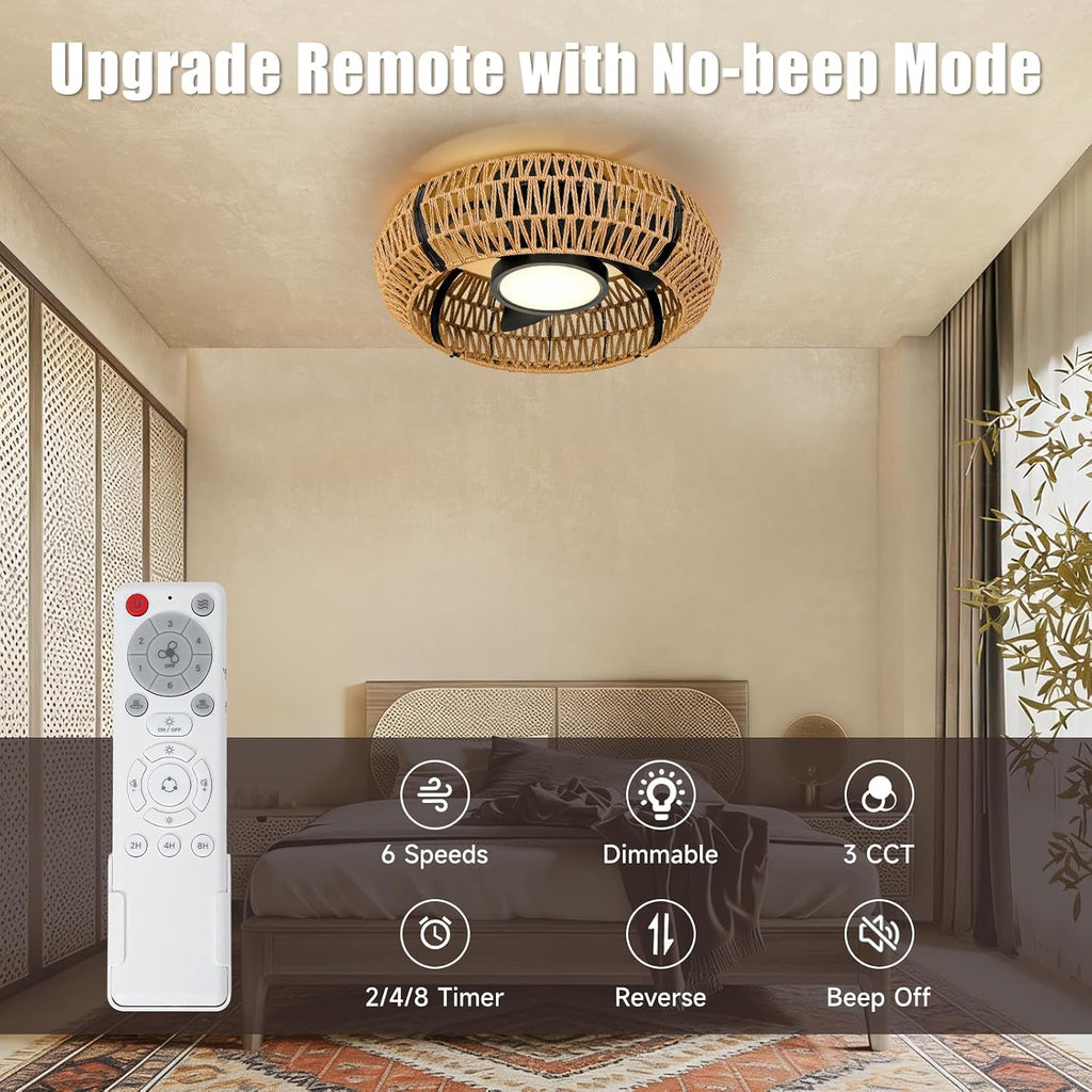 ocioc 20' Caged Ceiling Fans with Lights and Remote,Fandelier Ceiling Fan with Light,Flush Mount Low Profile,Bladeless,Quiet Reversible DC Motor,Boho Rattan Ceiling Fan for Bedroom