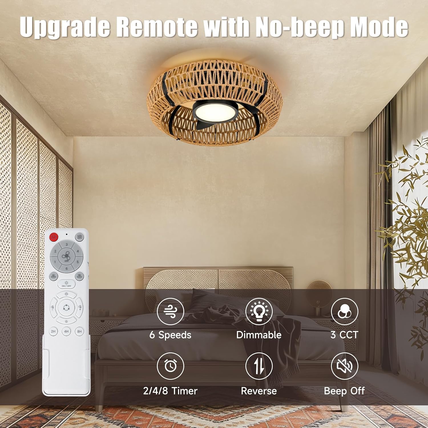 ocioc 20' Caged Ceiling Fans with Lights and Remote,Fandelier Ceiling Fan with Light,Flush Mount Low Profile,Bladeless,Quiet Reversible DC Motor,Boho Rattan Ceiling Fan for Bedroom