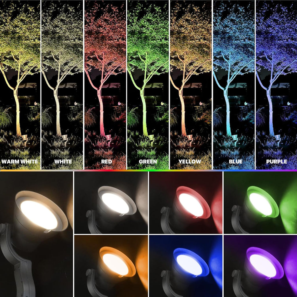 GOODSMANN RGBW Low Voltage LED Landscape Spotlight, 3000K/6000K White Light, 4 Pack 12W 12V-15V Outdoor Lights 9 Lighting Modes Color Changing Aluminum Housing Spot Lights for Garden Yard