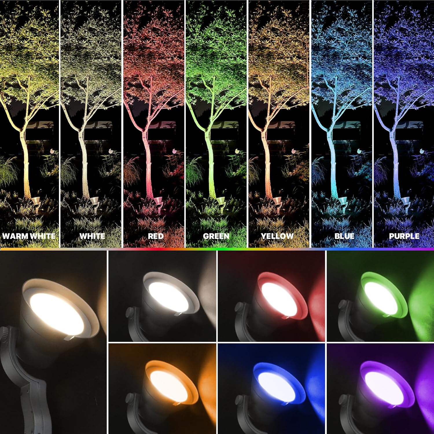 GOODSMANN RGBW Low Voltage LED Landscape Spotlight, 3000K/6000K White Light, 4 Pack 12W 12V-15V Outdoor Lights 9 Lighting Modes Color Changing Aluminum Housing Spot Lights for Garden Yard