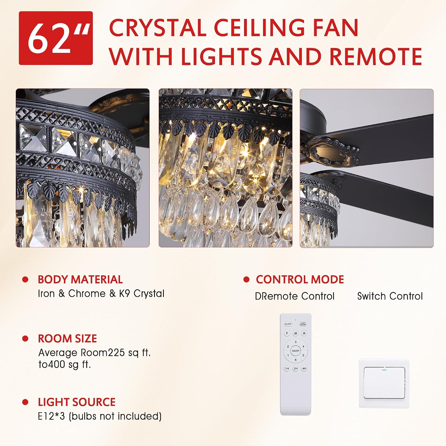 GJeg Crystal Ceiling Fan Fandelier with Lights - Outdoor Ceiling Fans with Remote Control, Farmhouse Ceiling Fan with Noiseless DC Reversible Motor,Dining Room,Living Room(62' Black)