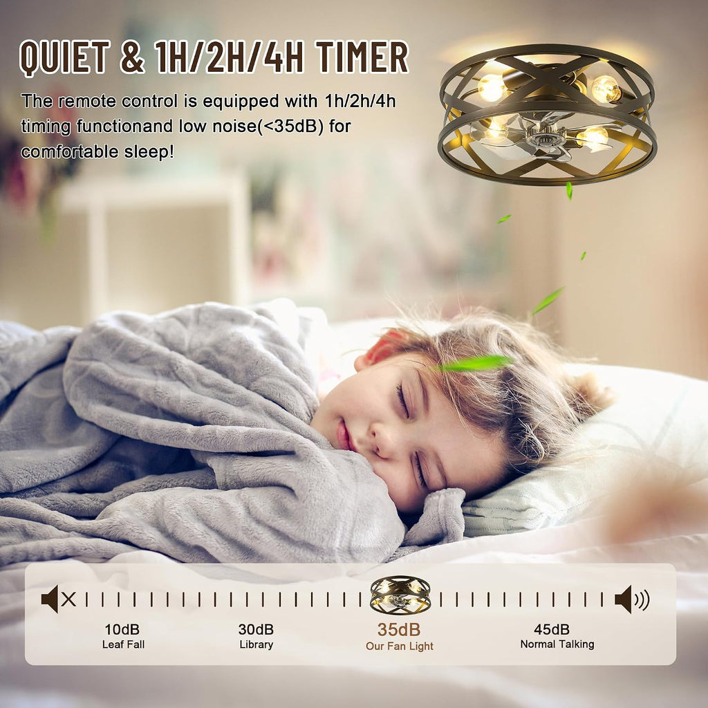 20'' Caged Ceiling Fan with Light,6 Speed Reversible DC Motor,4 E26 Bulb Base,1/2/4H Timer,Industrial Flush Mount Low Profile Ceiling Fan with Remote Control for Bedroom Living Room