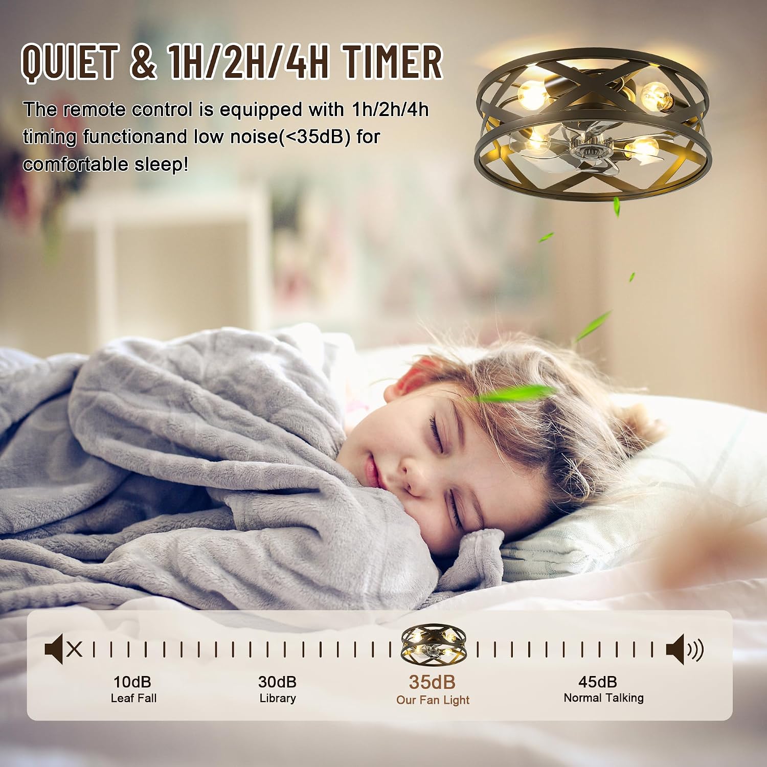 20'' Caged Ceiling Fan with Light,6 Speed Reversible DC Motor,4 E26 Bulb Base,1/2/4H Timer,Industrial Flush Mount Low Profile Ceiling Fan with Remote Control for Bedroom Living Room