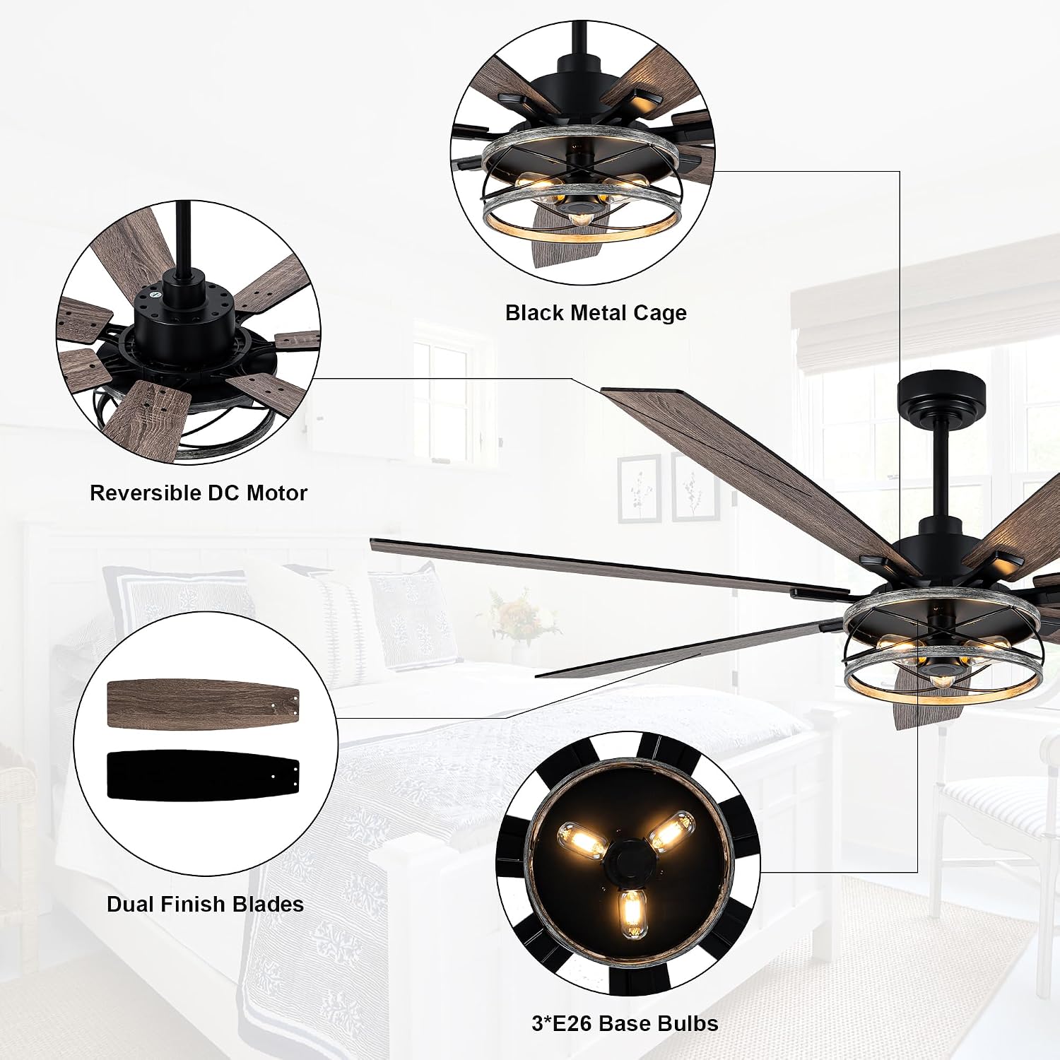 72 Inch Farmhouse Ceiling Fan with Lights Large Rustic Ceiling Fan Wood Caged Fandelier Chandelier Light for Indoor Outdoor, 7 Dual Blades 3 E26 Bulbs, Reversible Quiet DC Motor 6 Speeds