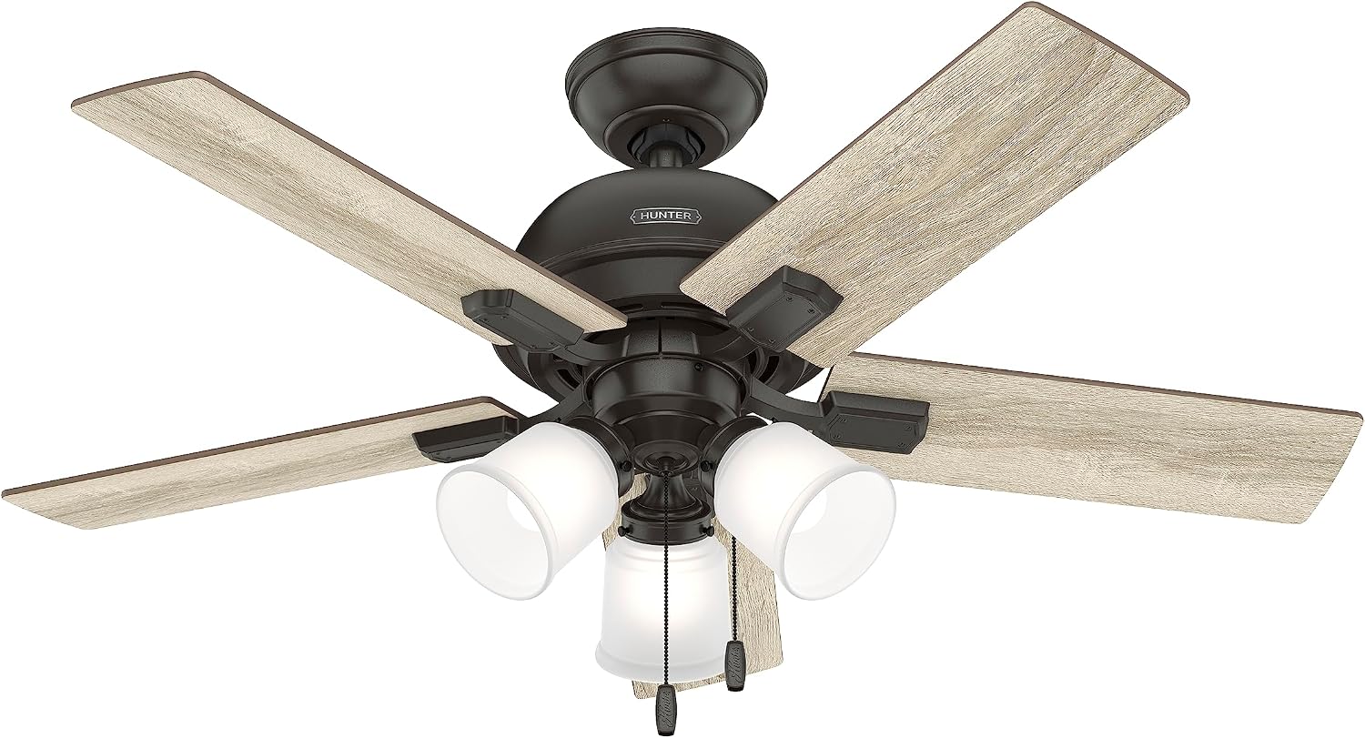 Hunter Fan 44 inch Traditional Noble Bronze Finish Indoor Ceiling Fan with LED Light Kit and Pull Chain (Renewed)