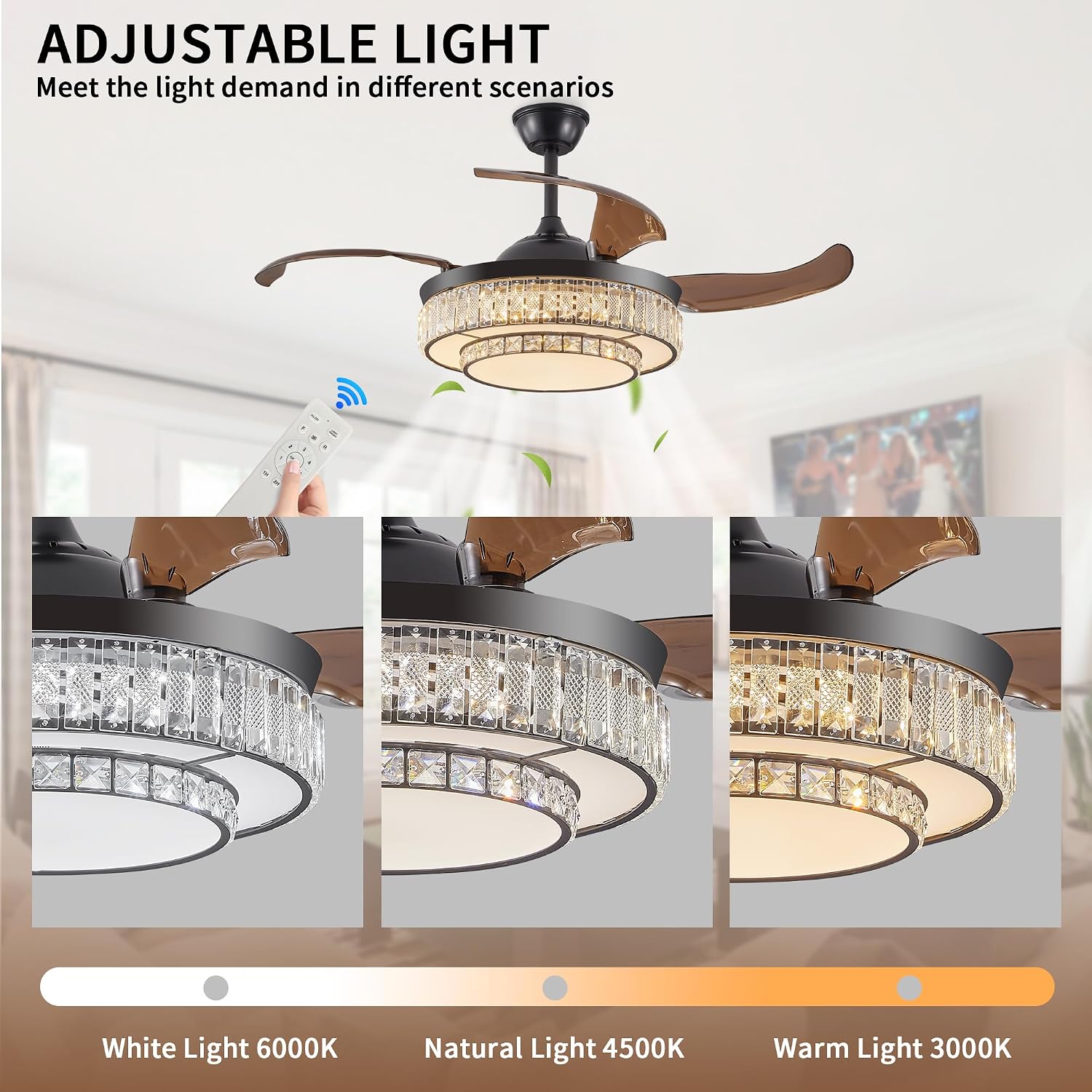 48 Inch Invisible Crystal Chandelier Fan with Remote Control, Modern Retractable Ceiling Fan Light, Black Fandelier for Bedroom, Living Room, Home Decor