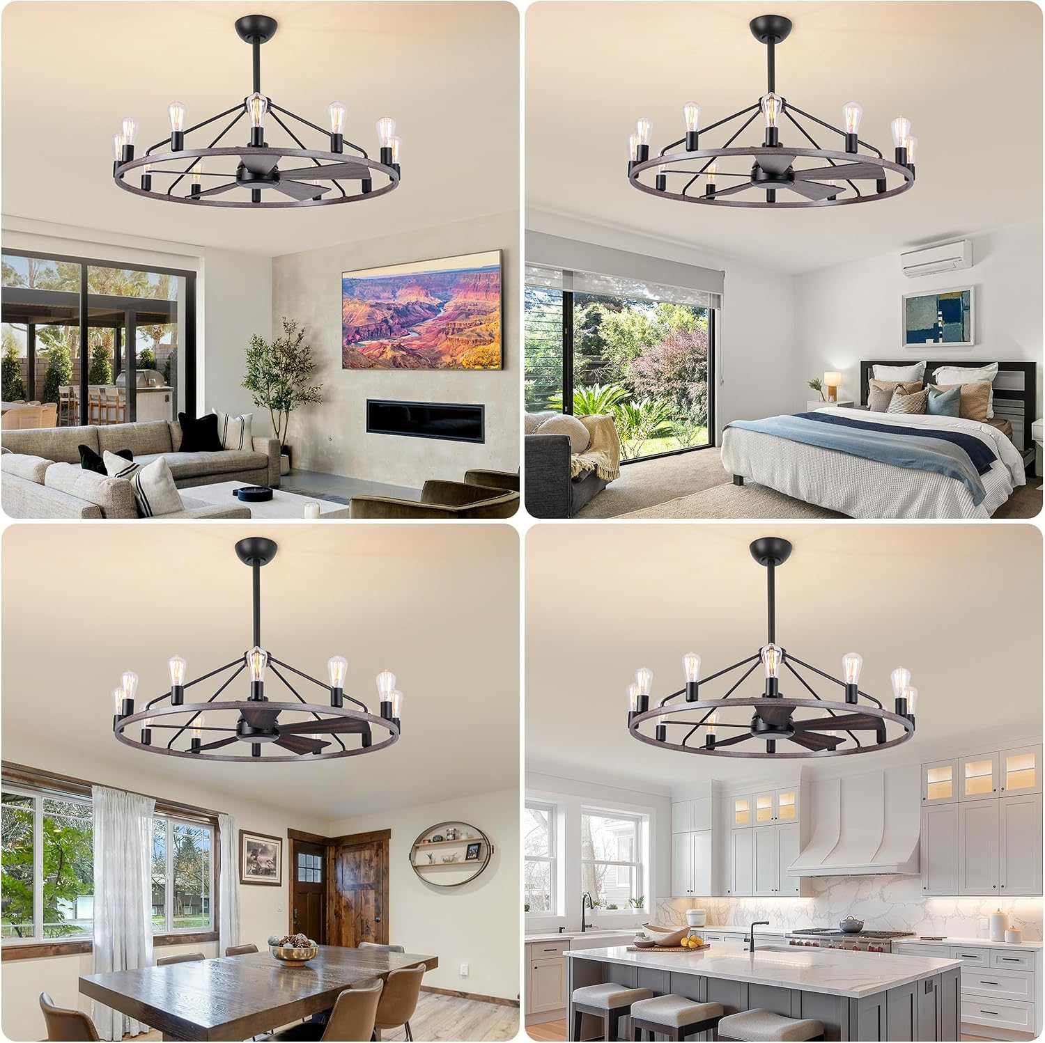 44'' Ceiling Fan with Light, Wood Wagon Wheel Chandelier, Large Farmhouse Fandelier Light Fixture, Chandelier for Living Room, Dining Room, Adjustable High Ceilings