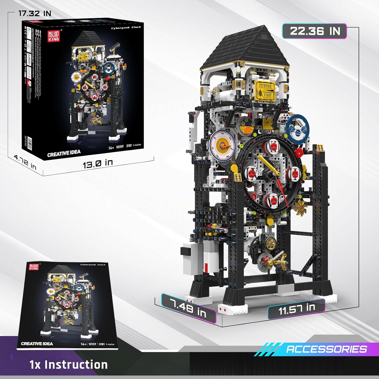 Mould King Cyberpunk Clock Building Set, 3181+ Pcs Building Blocks Kits That Run with Chiming Bird & 4 Dials, Electric Alarm Clock Model Kit with Motor, Collectible Building Toys for Adults and Teens