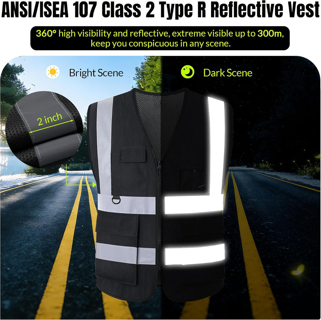 BeautyWill Custom LOGO Safety Vests Reflective Vest Class 2 ANSI with Pockets Zipper High Visibility Construction Uniform