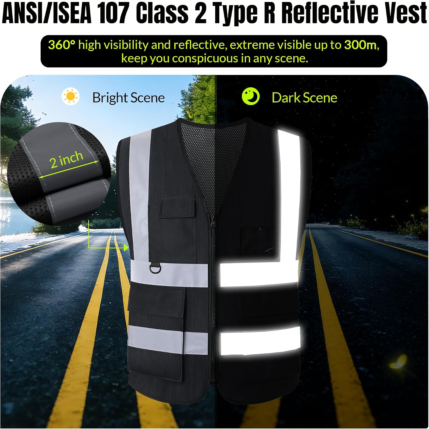 BeautyWill Custom LOGO Safety Vests Reflective Vest Class 2 ANSI with Pockets Zipper High Visibility Construction Uniform