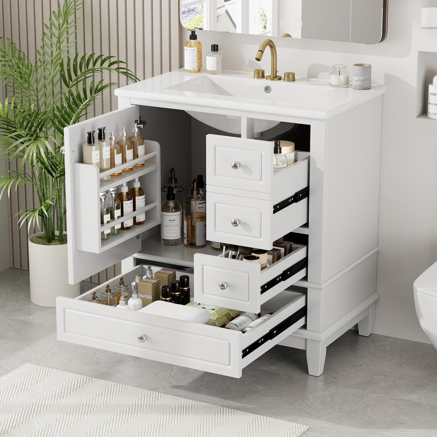30' Modern Freestanding Bathroom Vanity with Ceramic Sink Top, 3 Drawers & Storage Shelves - MDF & Solid Wood Base