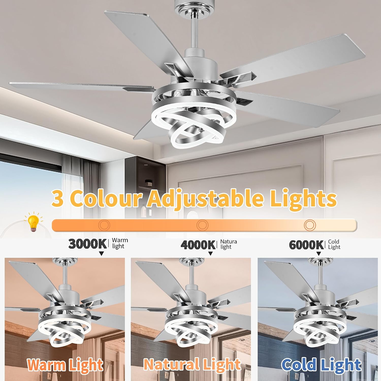 52' Chandelier Ceiling Fans with Lights Remote Control, Farmhouse Ceiling Fan with Light, DIY Rings LED Fandelier Ceiling Fan with Reversible DC Motor 6 Speeds Dimmable for Living Room Bedroom