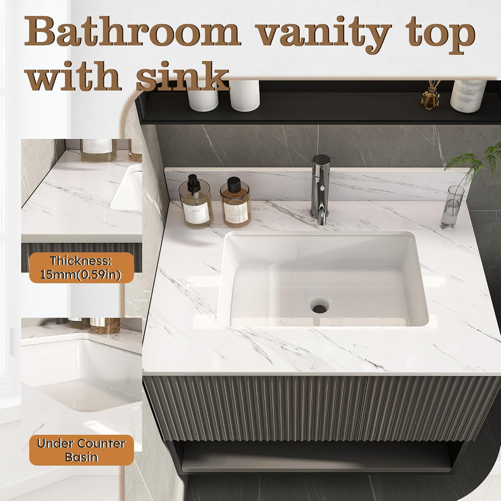 37x22 Marble Bathroom Vanity Top with Sink, Vanity Top with Sink with Pre-drilled Holes and 4' Backsplash, Perfect for Home & Rental Properties