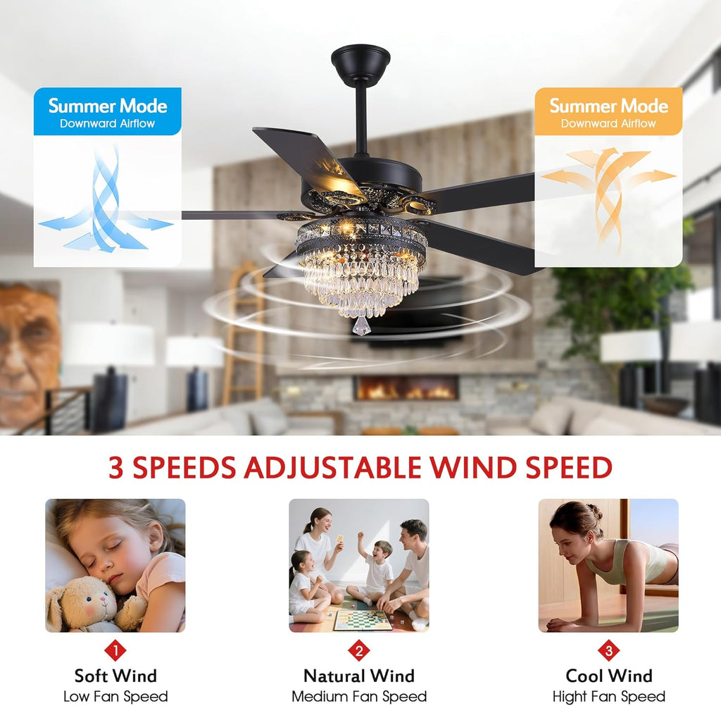 GJeg Crystal Ceiling Fan Fandelier with Lights- Retro Outdoor Fans with Remote Control, Farmhouse Ceiling Fan with Noiseless AC Reversible Motor,Dining Room,Living Room(52' Black)