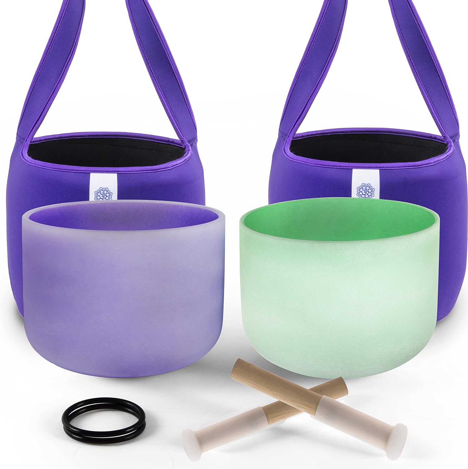 FMTY 10inch Crystal Singing Bowls set prefect pitch(±10HZ) Green(Heart)+ Purple(Crown) with Soft Carrying Bag Sound Bowls Chakra Bowl