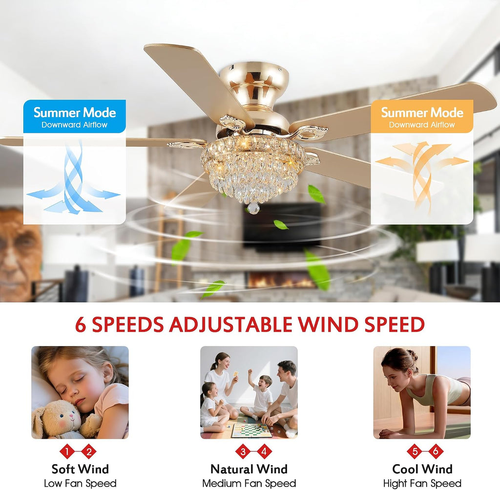GJeg Crystal Ceiling Fan Fandelier with Lights-Ceiling Fans with Remote Control,Modern Ceiling Fan with Noiseless DC Reversible Motor,Dining Room,Living Room(52' Gold)