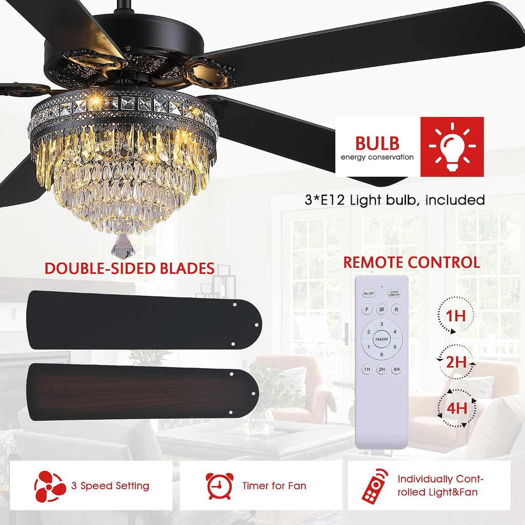 GJeg Crystal Ceiling Fan Fandelier with Lights - Outdoor Ceiling Fans with Remote Control, Farmhouse Ceiling Fan with Noiseless DC Reversible Motor,Dining Room,Living Room(62' Black)