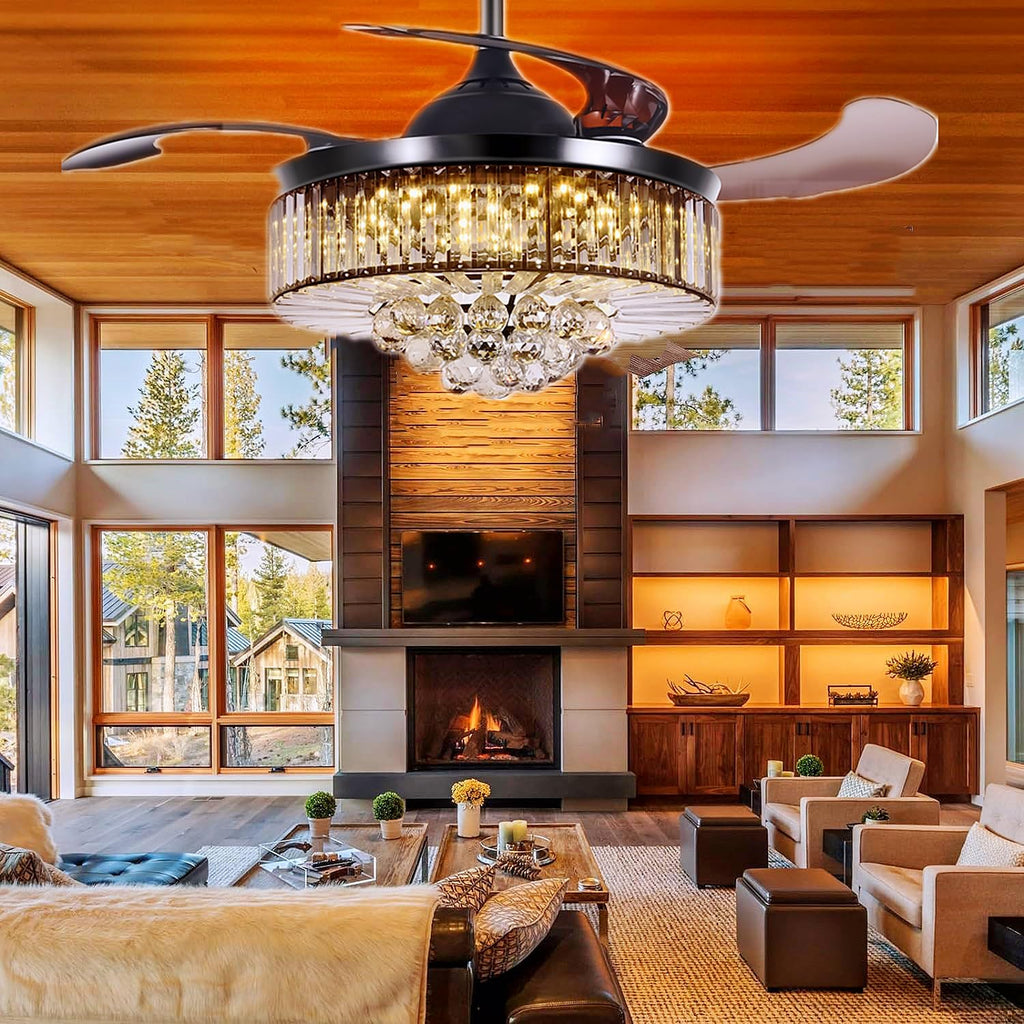 42' Modern Black Luxury Crystal Ceiling Fan with Light 3 Color 3 Speed Chandelier Fan with Remote Control Retractable Blades Fandelier for Living Room Bedroom
