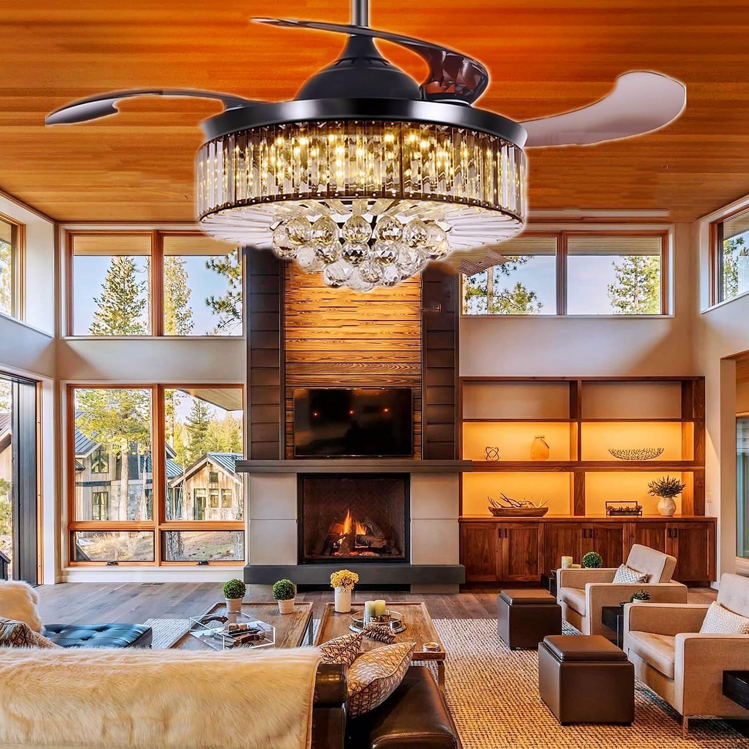 42' Modern Black Luxury Crystal Ceiling Fan with Light 3 Color 3 Speed Chandelier Fan with Remote Control Retractable Blades Fandelier for Living Room Bedroom