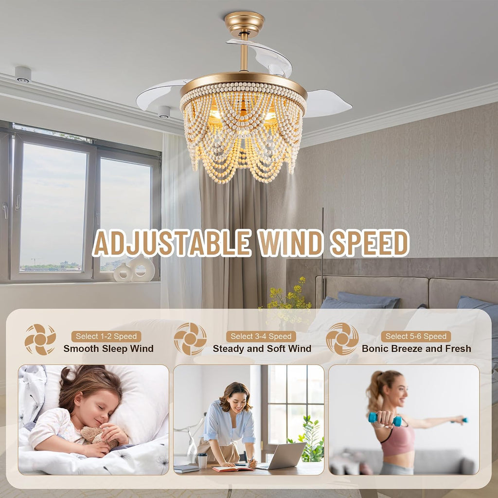 42'' Retractable Ceiling Fans with Lights and Remote, Bohemian Ceiling Fans with Wooden Beads, 6 Speeds Reversible Bladeless Ceiling Fan for Bedroom Living Room Kitchen