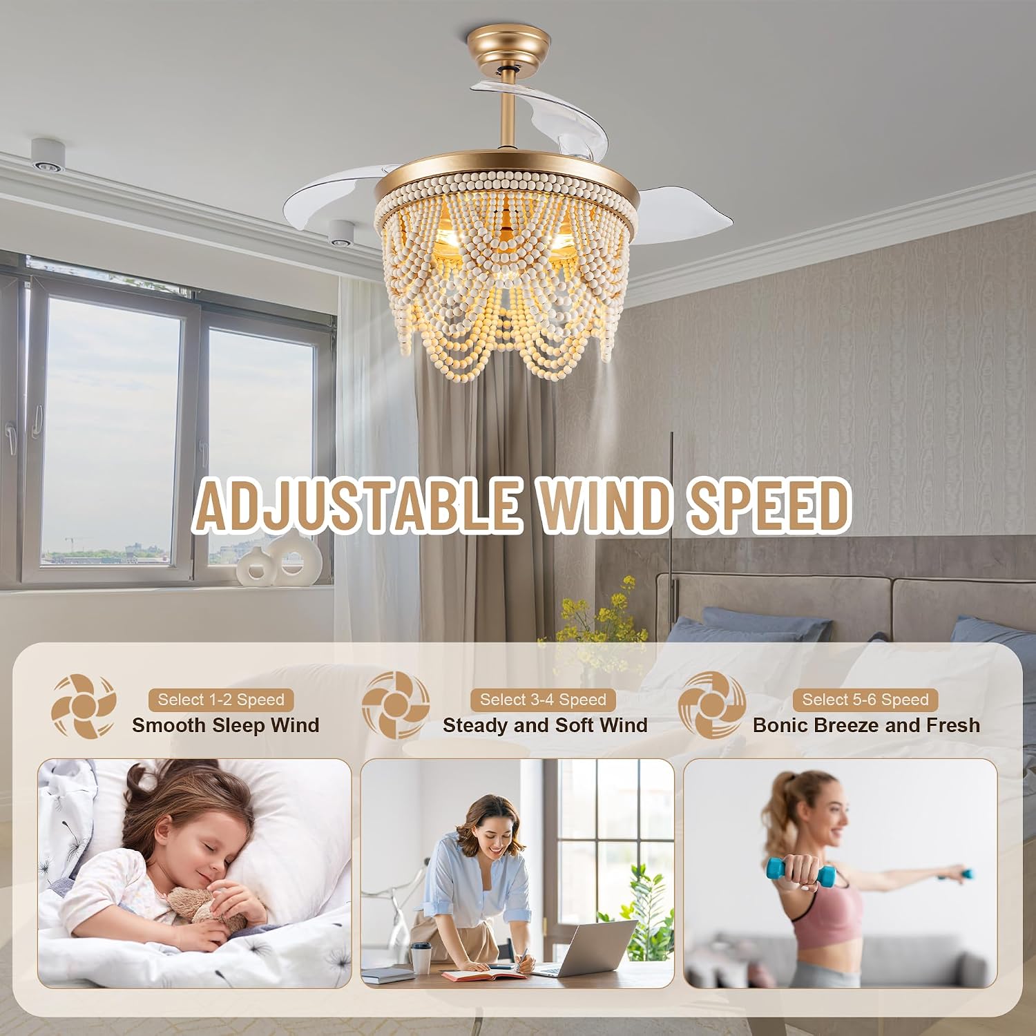 42'' Retractable Ceiling Fans with Lights and Remote, Bohemian Ceiling Fans with Wooden Beads, 6 Speeds Reversible Bladeless Ceiling Fan for Bedroom Living Room Kitchen