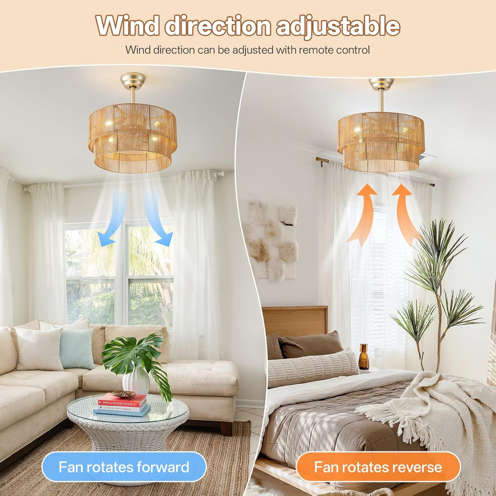 20' Caged Boho Ceiling Fans with Lights, Rattan Fandelier Chandelier Ceiling Fan with Light Remote Control with 6 Speeds for Bedroom, Nursery