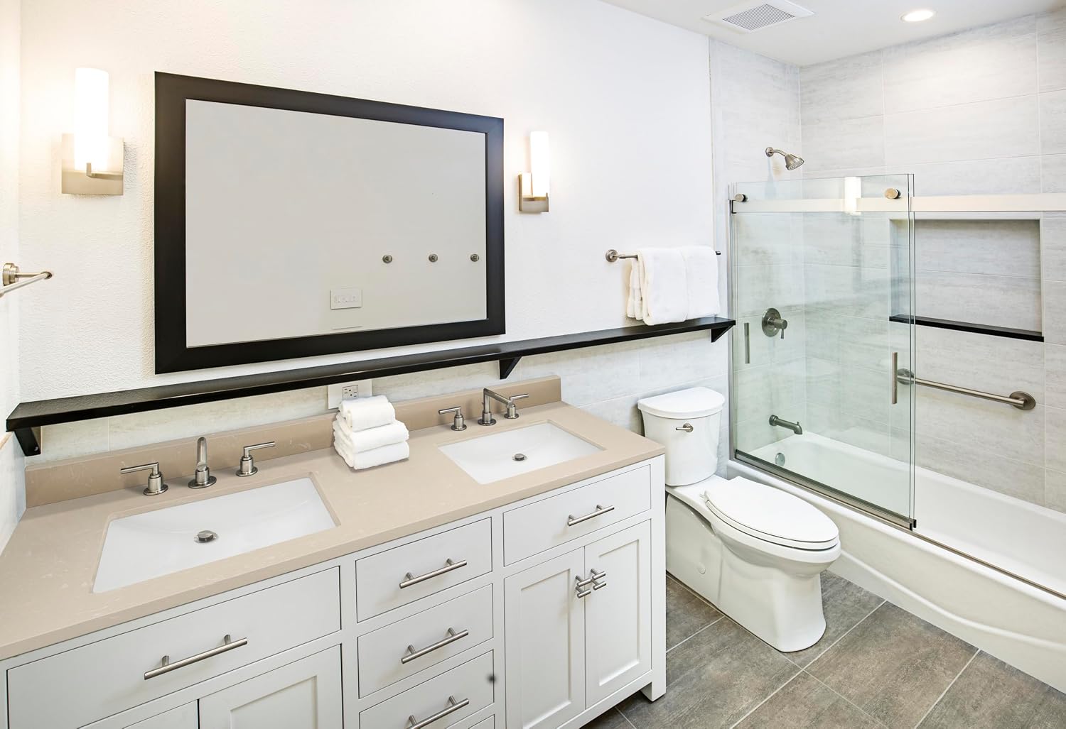 MSI Cosmic Sand Vanity Top with Under Mount Rectangle Double Bowl Ceramic Sinks, Engineered Marble Stone, 4' CC Faucet Holes, 61'X22'