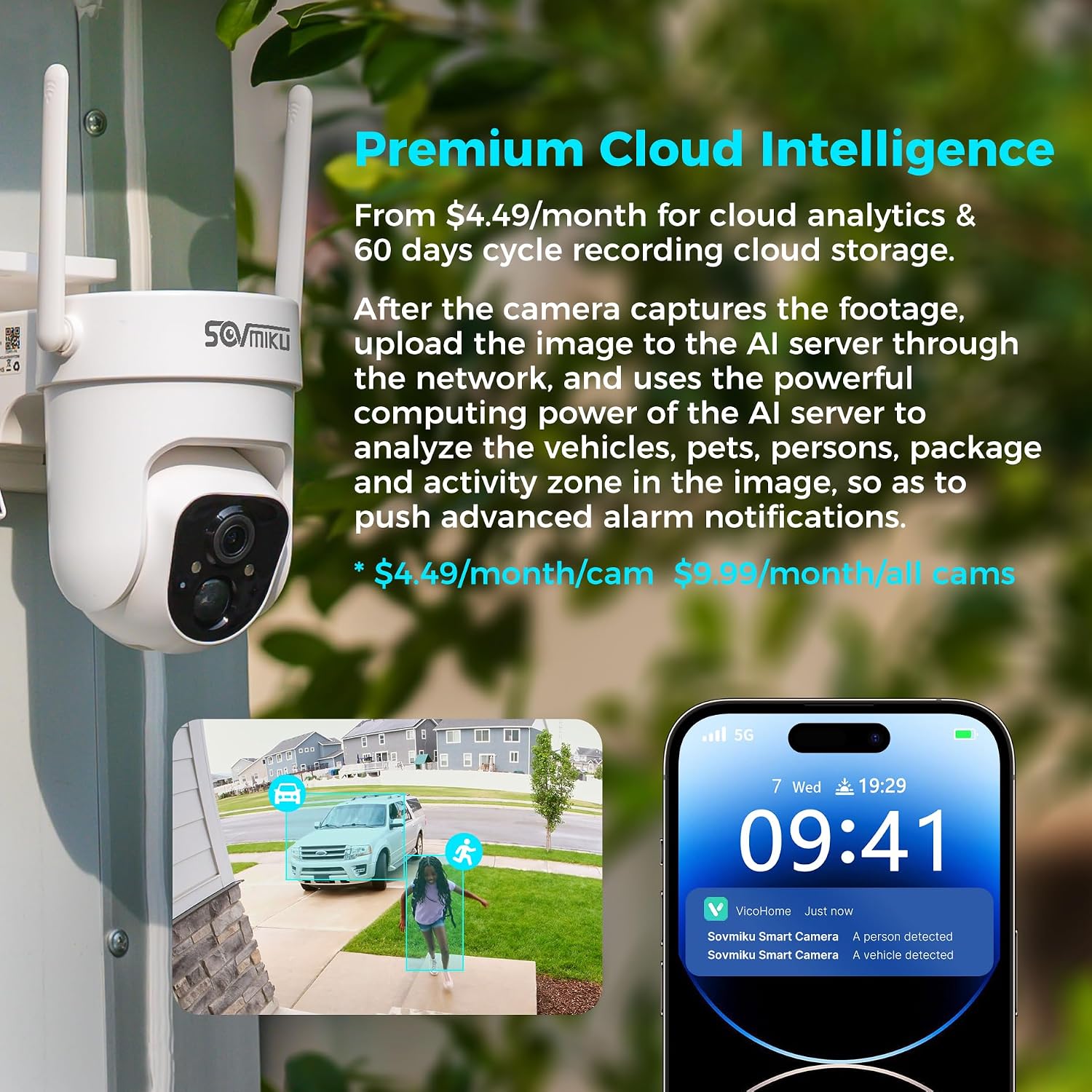 Sovmiku 3CQ4 192GB 2K AI Solar Security Camera Wireless Outdoor,Battery Powered Cam, Color Night Vision,Two Way Audio, Motion Detection, Easy to Setup,Audible Flashlight Siren 180 Days Exchange Policy