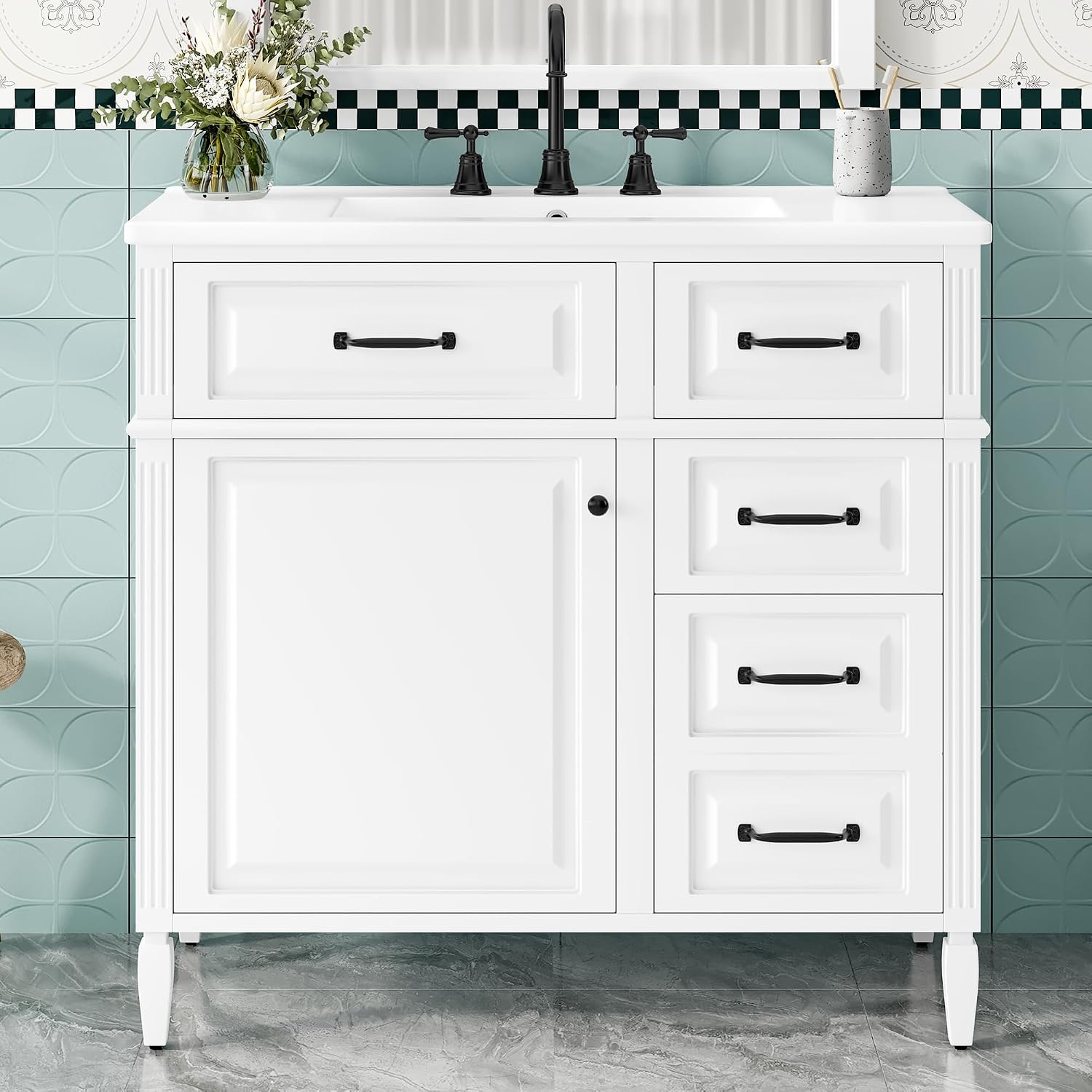 36' Bathroom Vanities with Sink Top, Bathroom Cabinet with Soft-Closing Door with Rack, 4 Drawers(with Tip-Out Drawers), Adjustable Shelf, Solid Wood Frame, White