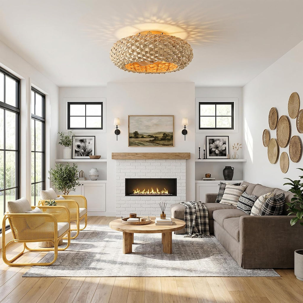 20.4' Boho Rattan Ceiling Fan with Light, Flush Mount Caged Fandelier with Remote, 6-Speed Reversible Quiet DC Motor, Timer, Low Profile Enclosed Gold Ceiling Fan for Bedroom Living Room