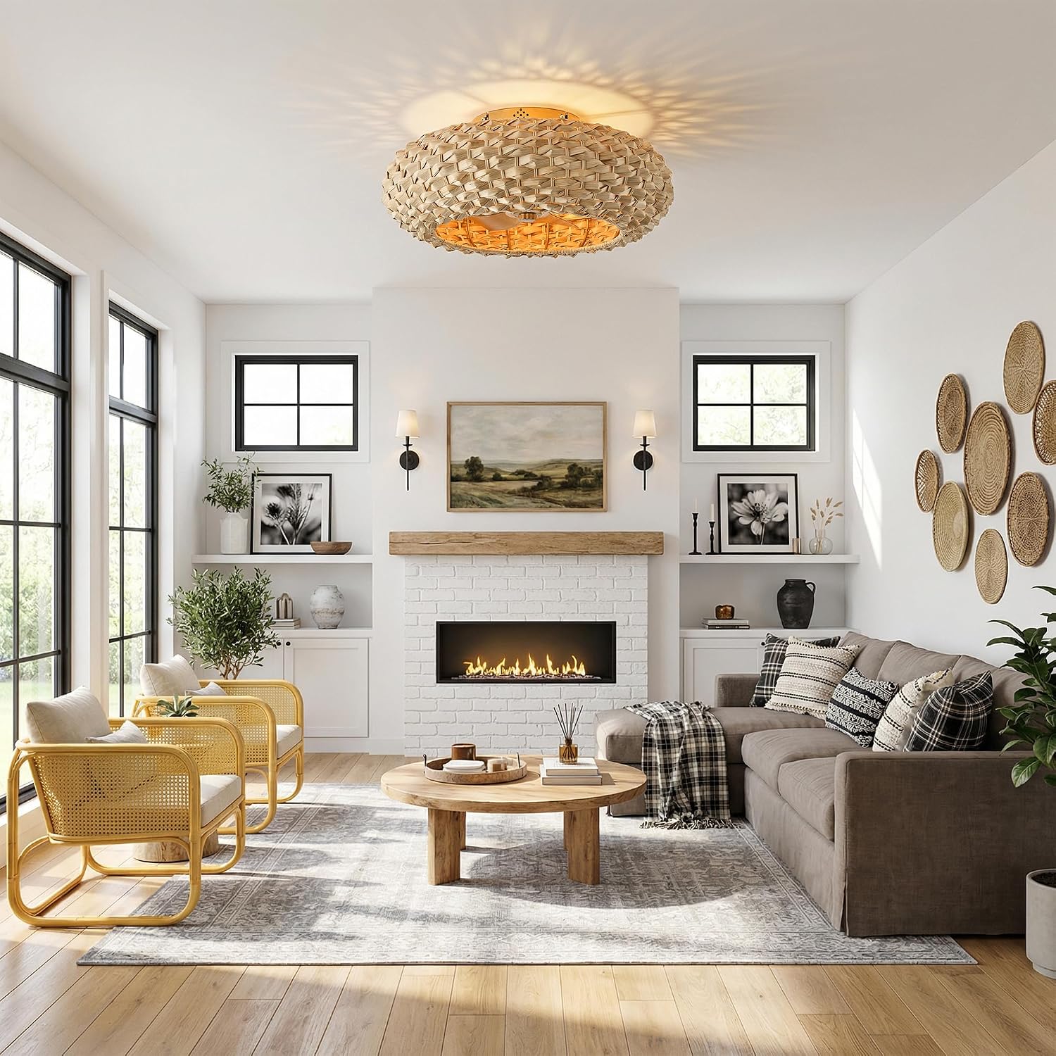 20.4' Boho Rattan Ceiling Fan with Light, Flush Mount Caged Fandelier with Remote, 6-Speed Reversible Quiet DC Motor, Timer, Low Profile Enclosed Gold Ceiling Fan for Bedroom Living Room