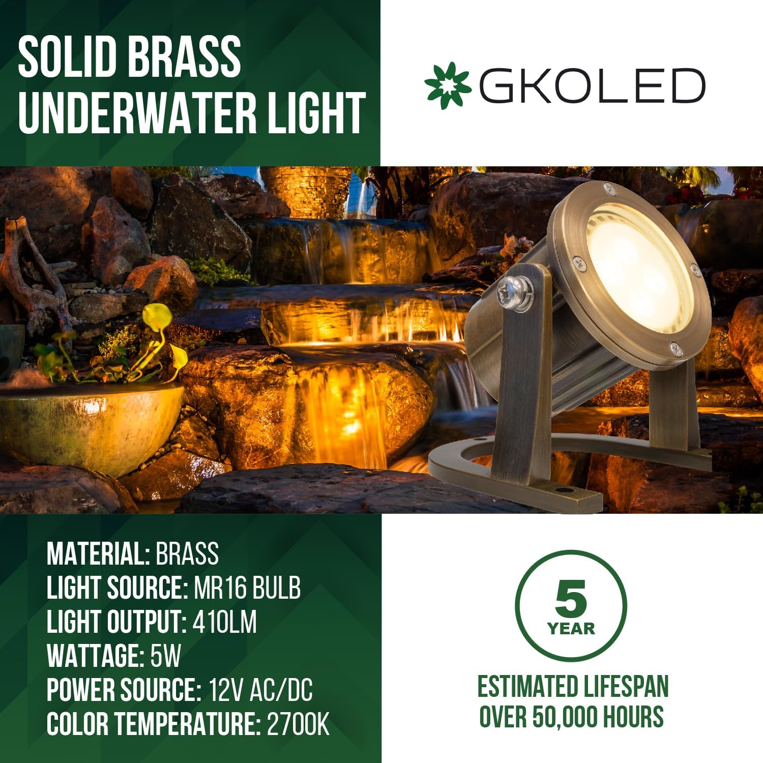 GKOLED 8Pack Solid Brass Underwater Light, Low Voltage LED Pond Lights, Submersible Fountain Lighting with 5W 2700K 410LM MR16 Bulb, 9-15V AC/DC Outdoor Landscape Light, IP68 Rated Pool Spotlights