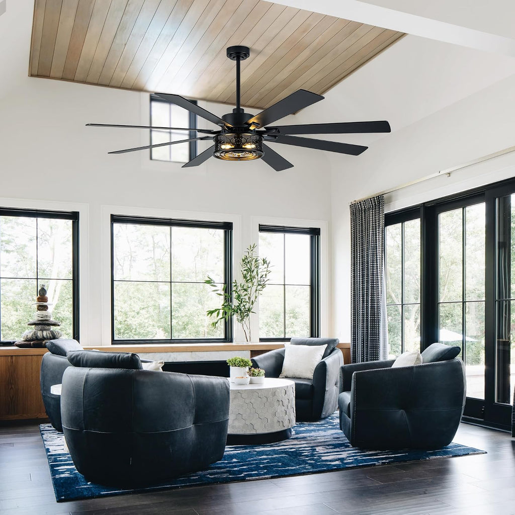 Dawn Whisper 72 Inch Farmhouse Ceiling Fans with Lights Quiet Reversible DC Motor Caged Rustic Ceiling Fans with Remote Industrial Chandelier Fan for Living room Bedroom(Black)